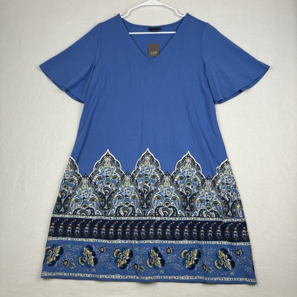 J.JILL Wearever Size M Stretch Paisley Border Tee Dress Short Sleeve Blue V neck